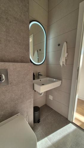 a bathroom with a sink and a mirror at ONNE Apartment in Zaprešić