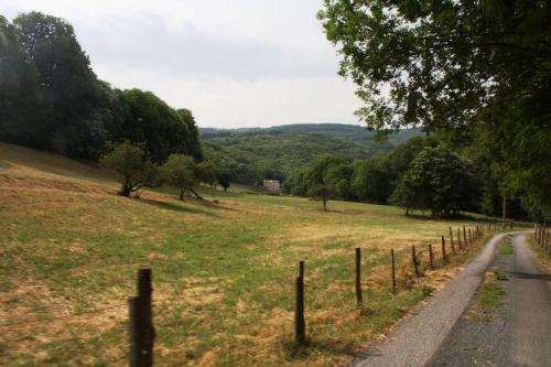 a dirt road in a field next to a fence at Nabat le Haut, chambre et table d'hotes in Courniou