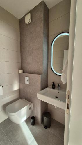 a bathroom with a toilet and a sink and a mirror at ONNE Apartment in Zaprešić