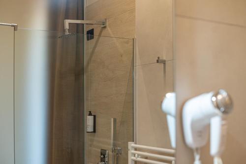 a bathroom with a shower with a glass door at Ile Hotel in Peschiera del Garda