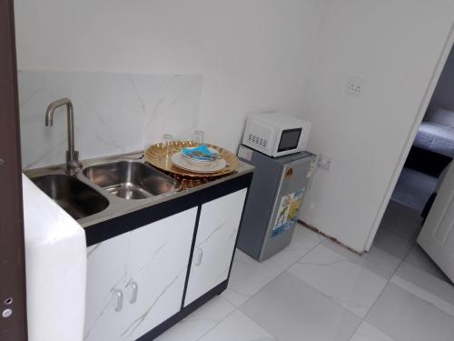 a kitchen with a sink and a microwave at Duminy Guest Lodge in Bellville