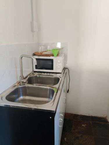 a kitchen with a sink and a microwave at Duminy Guest Lodge in Bellville