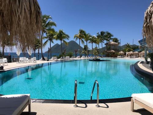 勒迪亚芒Ma place au Soleil, l'Escapade romantique的度假村里有棕榈树的大型游泳池