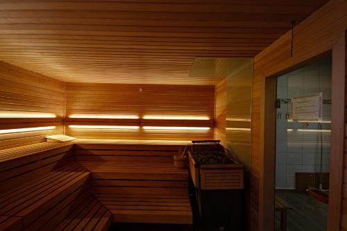 a sauna with a stove and a window in it at Vienna Sporthotel in Vienna