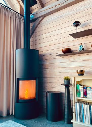 a fireplace in a room with a book shelf at La Perle du Fierain in Wegnez