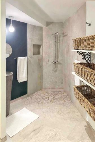 a bathroom with a walk in shower and a sink at Villa spacieuse Le François + piscine in Le François