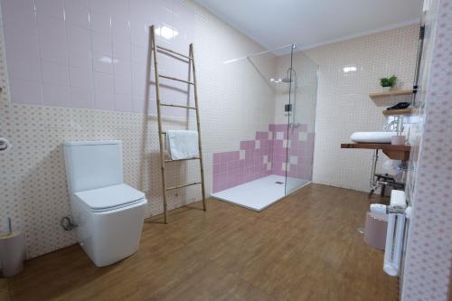 a bathroom with a shower and a toilet and a ladder at Boogalow Hostel in Gijón