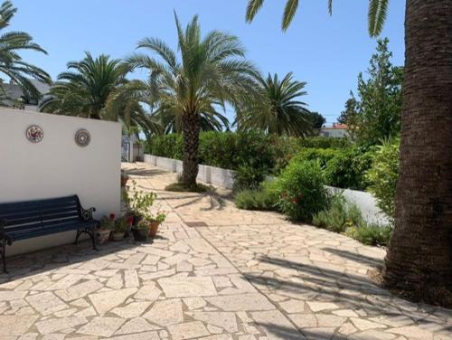 a bench sitting on a stone walkway with palm trees at Casa Myjoli in Vinaròs