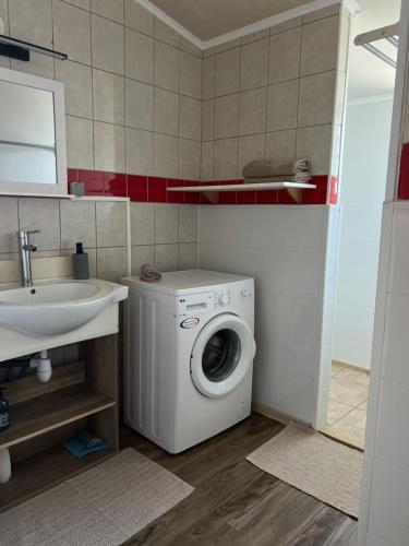 a bathroom with a washing machine and a sink at Escale Terre Rouge in Saint-André