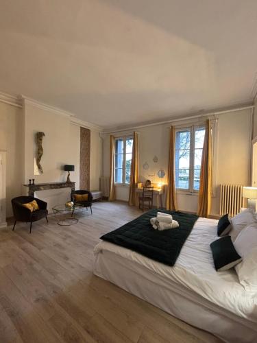 une grande chambre avec un grand lit et un bureau dans l'établissement Château Sainte Colombe, à Saint-Geniès-des-Mourgues