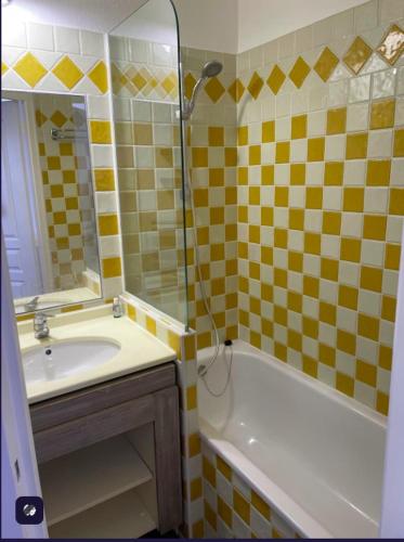 une salle de bain avec un lavabo, une baignoire et un miroir dans l'établissement Appartement Résidence Francia - Cannes, à Cannes