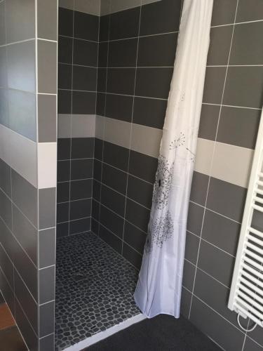 La salle de bains est pourvue d'une douche avec un rideau de douche blanc. dans l'établissement Location cures et vacances, à Jonzac