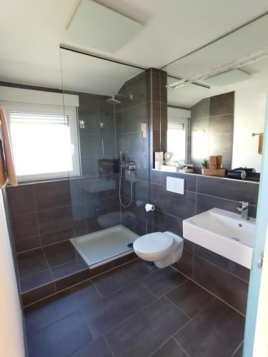 a bathroom with a toilet and a sink at Landhaus Müller in Immenstaad am Bodensee
