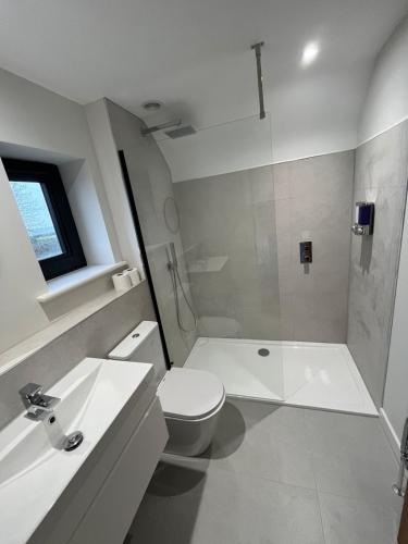 a white bathroom with a toilet and a sink at Pineapple Cottage in Thorndon