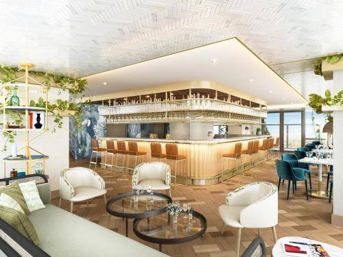 a rendering of a restaurant with tables and chairs at Dorsett Hotel Canary Wharf in London