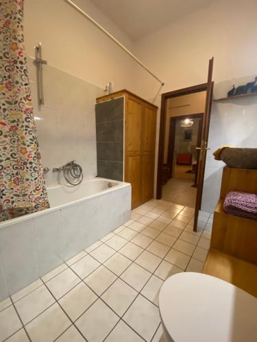 a bathroom with a bath tub and a sink at Weltreise am Wili, Görlitz in Görlitz