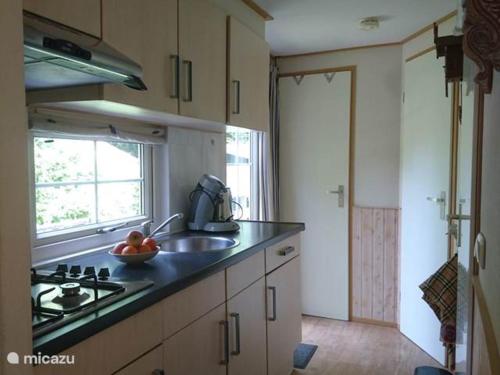 a kitchen with a sink and a bowl of fruit on the counter at Woudhof in Laag-Soeren