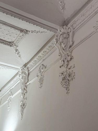 a white ceiling with ornate decorations on it at Radost Residence The Heart of Unique Living in Prague