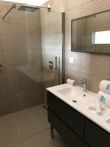 une salle de bain avec un lavabo et une douche dans l'établissement Maison de Maître avec piscine en front de mer, à La Seyne-sur-Mer