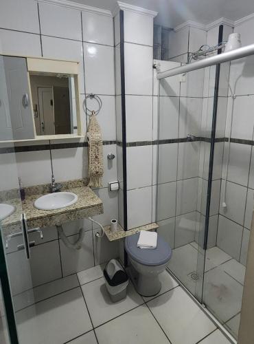a bathroom with a toilet and a sink and a shower at Studio no centro in Poços de Caldas