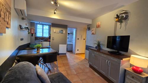 un salon avec un canapé et une télévision dans l'établissement Appartement Centre COLLIOURE CLIM PATIO WIFI, à Collioure