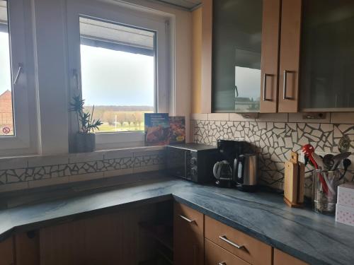 a kitchen counter with a microwave and a window at Querenhorst, Unterkunft am Feld in Querenhorst
