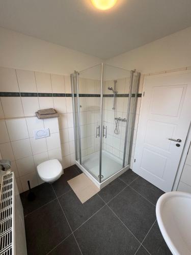 a bathroom with a shower and a toilet and a sink at Ovi Apartment in Vechta