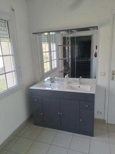 une salle de bain avec un lavabo et un grand miroir dans l'établissement Chanceux pressignac Rochechouart Chabanais, à Pressignac