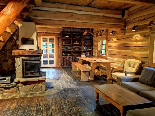 a living room with a fireplace in a log cabin at Dom Nad Strumykiem in Bielanka