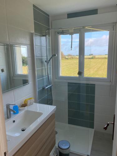 La salle de bains est pourvue d'un lavabo, d'une douche et d'une fenêtre. dans l'établissement L'Anse de Landemer Montfarville, à Montfarville
