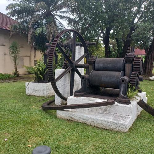 a statue of a cannon sitting in the grass at villa timokei in Fond Saint-Jacques