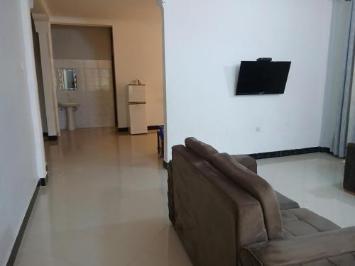 a living room with a couch and a television at Hidalgo Home Apartment's in Moshi