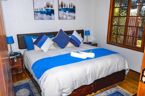 a bedroom with a large bed with blue and white pillows at A Cherry Lane Self Catering and B&B in Bloemfontein