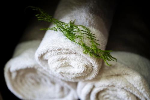 a stack of towels with a plant on top at Woodall Country House and Spa in Addo