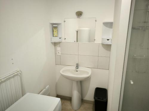 a white bathroom with a sink and a toilet at Appartement rez-de-chaussée calme in Neuilly-lʼÉvêque