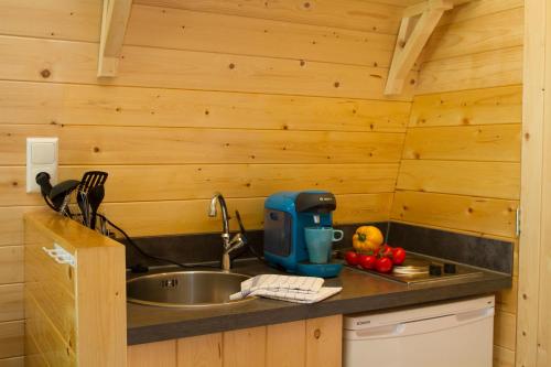 a kitchen with a sink in a tiny house at Kleine Nordseewelle ohne Hund in Norden
