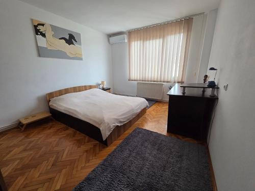 a bedroom with a bed and a desk and a window at Central Apartment Targu Mures - Best view in town in Târgu-Mureş