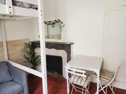 - un salon avec un lit, une table et une cheminée dans l'établissement Studio cosy centre historique, à Arles