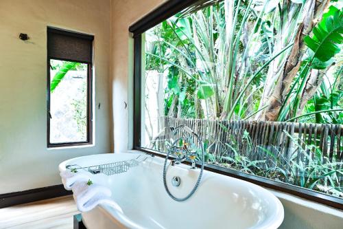 a bath tub in a room with a large window at Woodall Country House and Spa in Addo