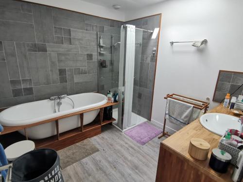 une salle de bain avec une baignoire, une douche et un lavabo dans l'établissement Villa Exils Marins, à La Teste-de-Buch