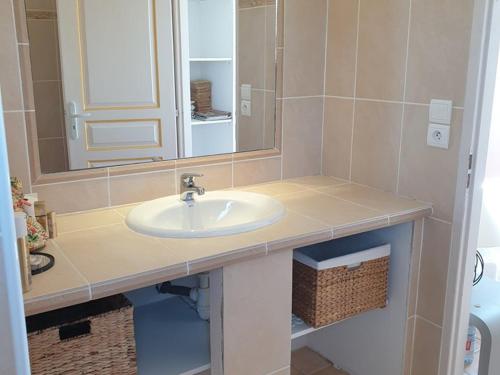 une salle de bain avec un lavabo et un miroir dans l'établissement Superbe villa entourée d'oliviers proche du village d'Aups - FR-1-822-7, à Aups