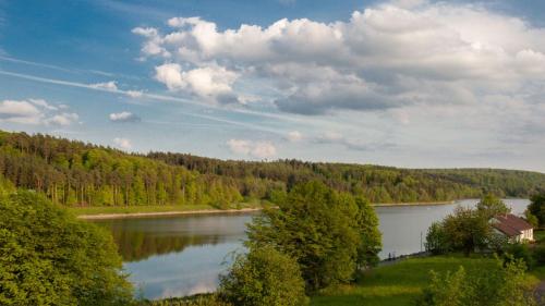 a view of a river with trees on the side at Komfortable Ferienwohnung Mit Seeblick in Bad Arolsen