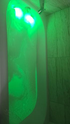 a bathroom with a green light in a shower at Tranquil studio oasis in Minneapolis