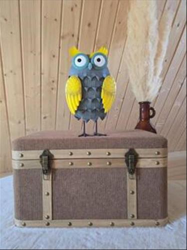 un oiseau jouet assis au-dessus d'un coffre dans l'établissement le chalet d'hibs, à Montreuil-le-Chétif