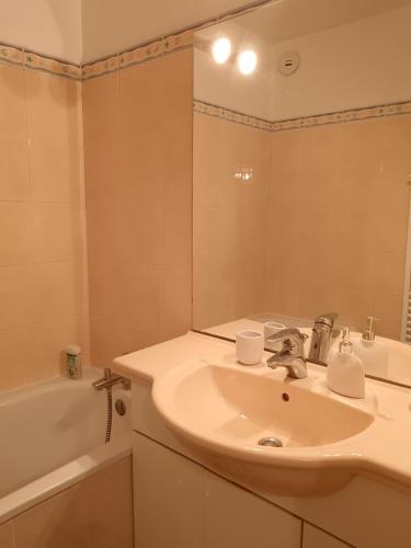 une salle de bain avec un lavabo et un miroir dans l'établissement Logement cosy proche de la mer, à Houlgate