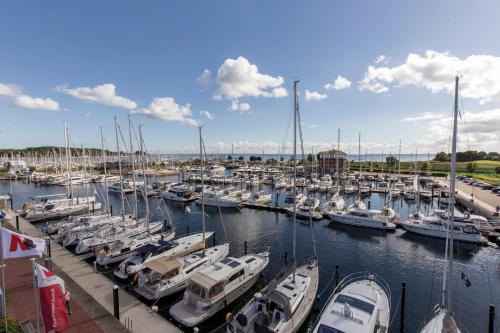 a bunch of boats are docked in a marina at ancora Marina Haus 1 Nr 09, Typ 3 in Neustadt in Holstein