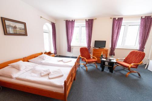 a bedroom with a bed and two chairs and a television at Pension Najdek in Žďár nad Sázavou
