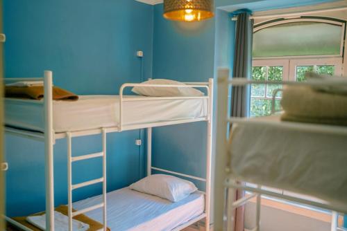two bunk beds in a room with a blue wall at Hostel Marques de Pombal in Lisbon
