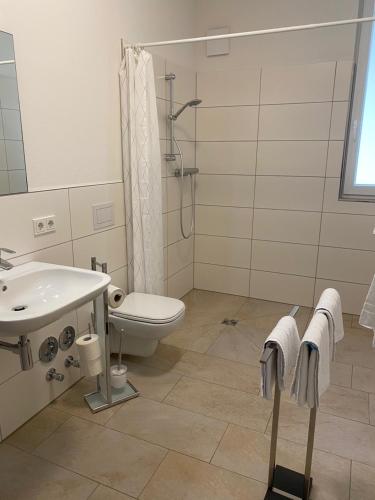 a bathroom with a sink and a toilet and a shower at Suite 32 in Oerlinghausen