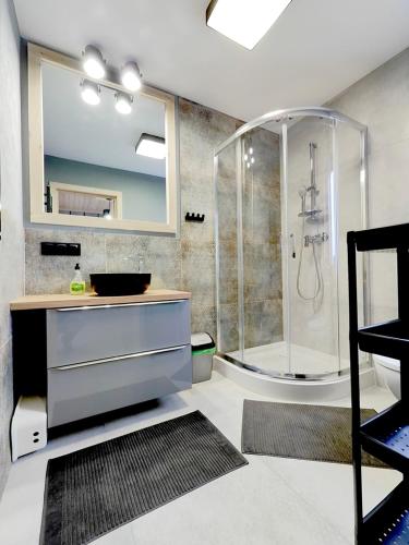 a bathroom with a shower and a sink and a mirror at Szare Domki Przy Termach Szaflary i Gorący Potok in Biały Dunajec